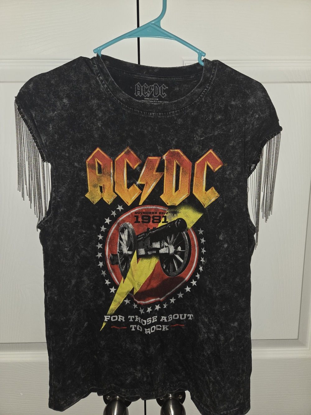 AC/DC Black Tee with Yellow & Red Lightning Graphic and Fringe Sleeves